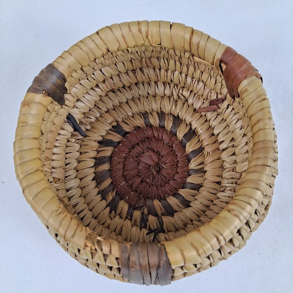Handmade Woven Basket with Lid Tan and Brown Trinkets Jewelry Holder Etc